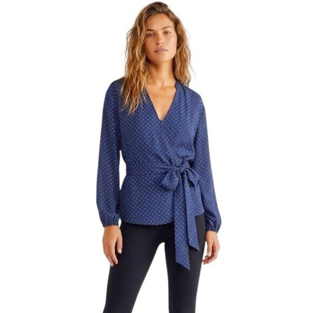 J.Crew Womens Blouse Size XS Wrap Top Blue Navy Print Cuff Tied Foulard Drapey